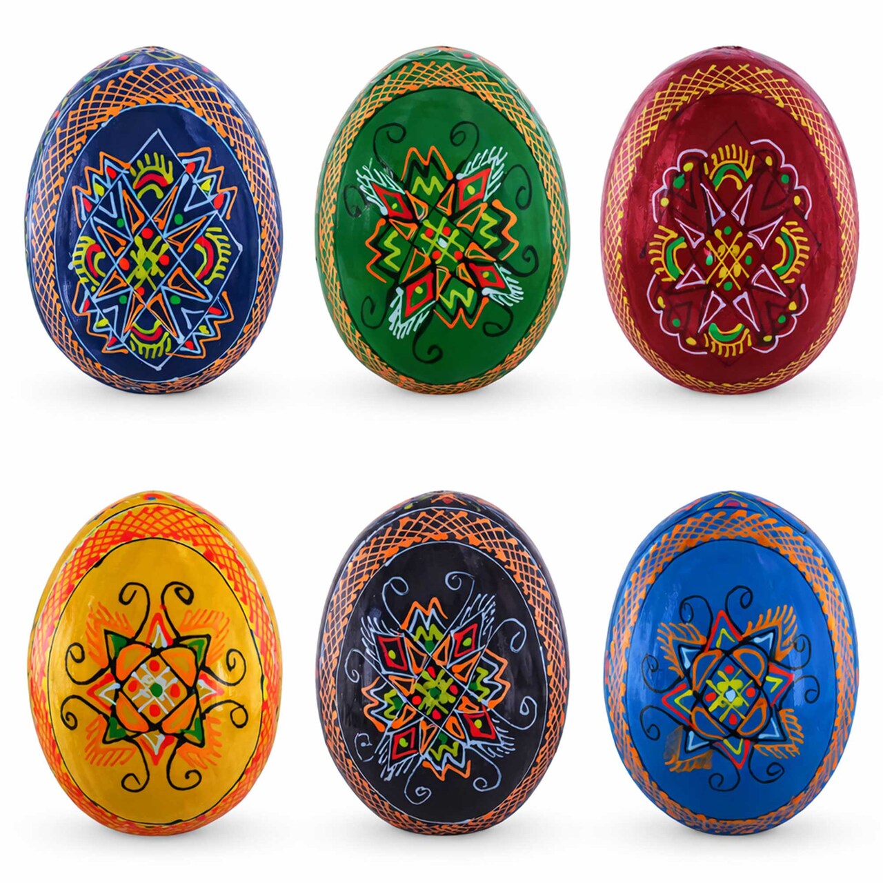 Set of 6 Multicolor Ukrainian Pysanky Wooden Easter Eggs 2.5 Inches
